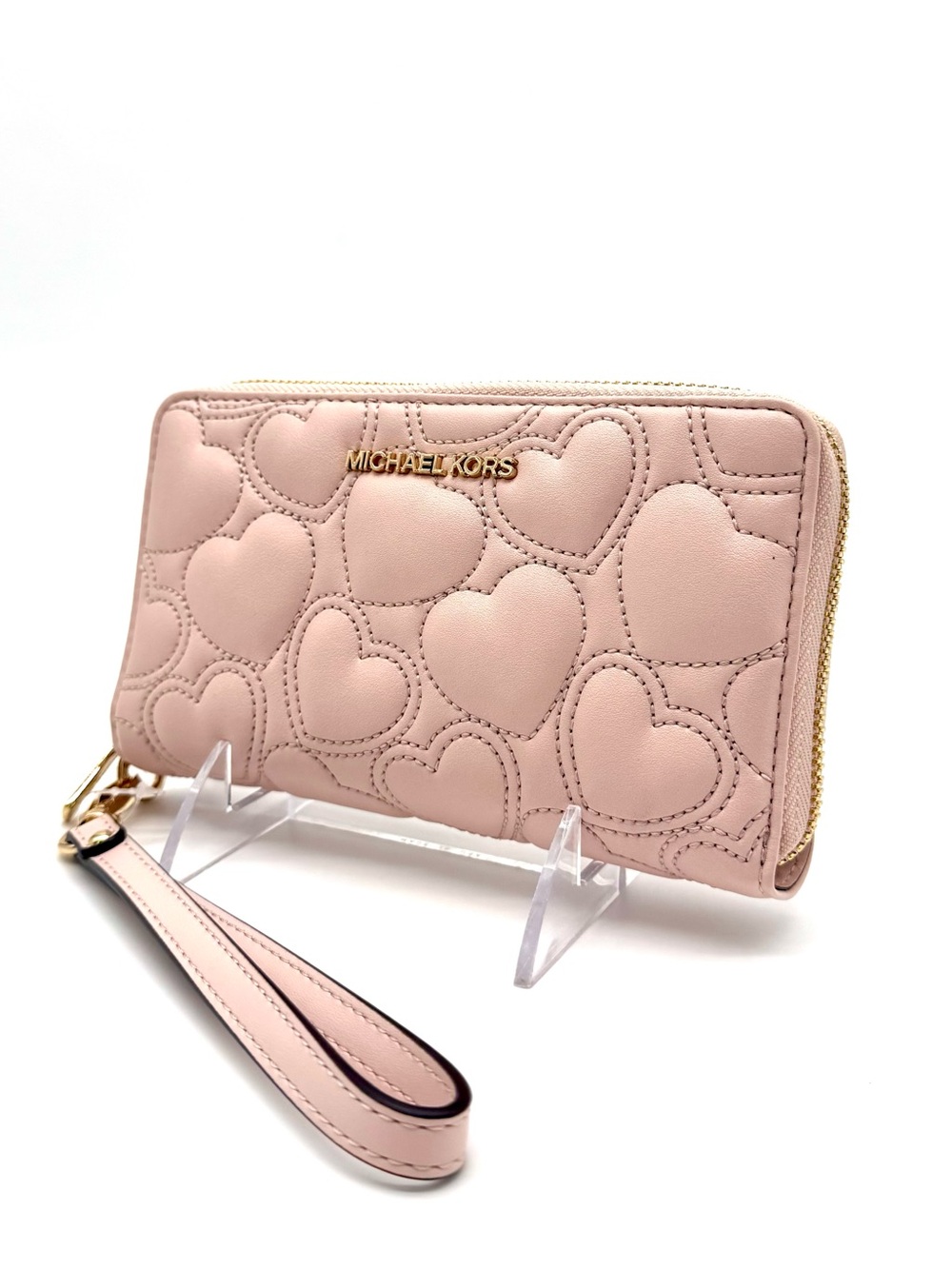 Michael Kors Large Quilted Heart Flat MF Phone Case Wallet Powder Blush